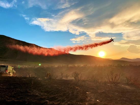 Firefighters watch a retardant drop on the Peavine Fire in Nevada at sunrise. Photo by Sarah McNeil, BLM.