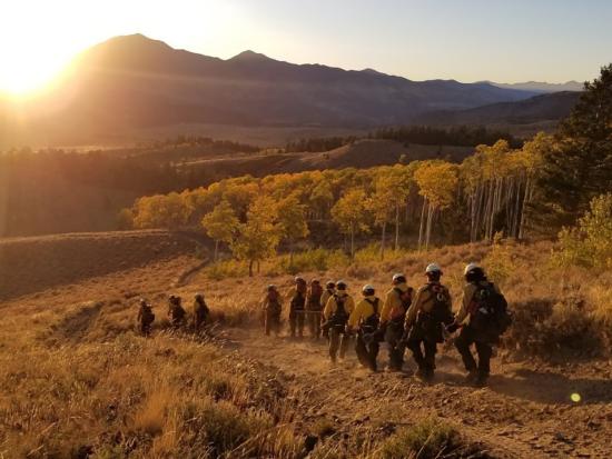 Crew of firefighters walk towards mountains at sunset. 