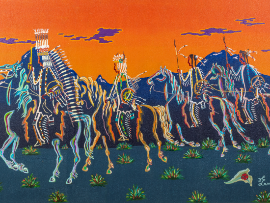 A patinting entitled "Brings Down the Sun War Party," acrylic on canvas © 2008 Ernest Marceau