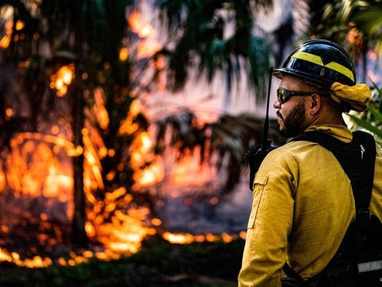 A wildland firefighter monitors a prescribed fire in Florida. Photo by NPS.