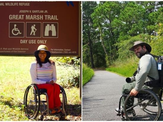 Two individuals in wheelchairs pose in the outdoors