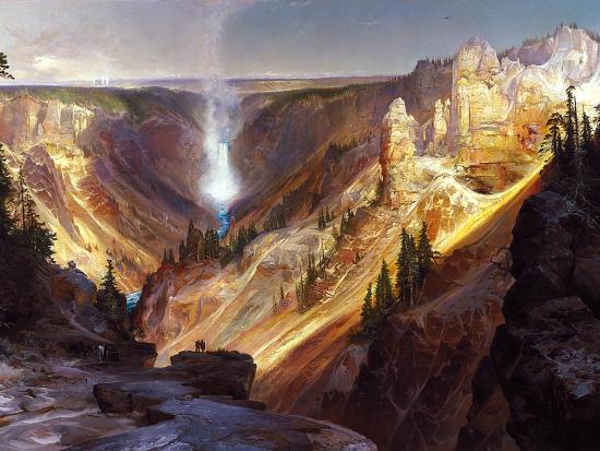 A painting of a tall waterfall flowing into a canyon with steep walls.