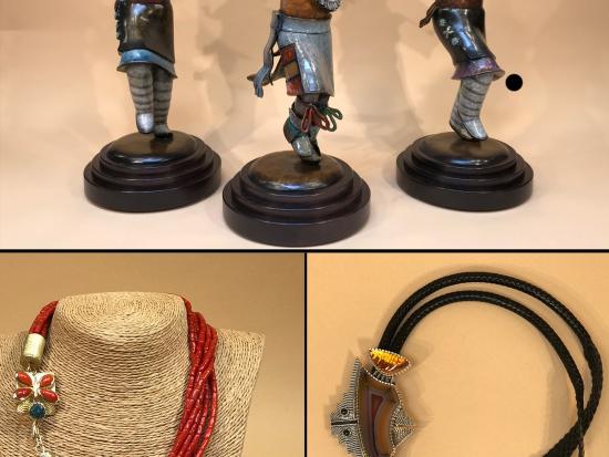 "Pueblo Corn Dancers" by Joe Cajero, Jr. / Coral Necklace, Gold Pendant, Gold Ring and Inlaid Silver Bolo Tie by Althea Cajero. © The Artists 