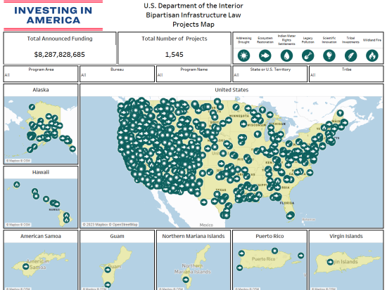 Screenshot of new interactive Bipartisian Infrasturcture Law Projects map. Map shows locations of projects across the country.