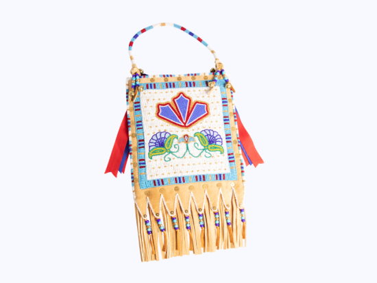 Photograph of an intricately beaded purse with floral designs and leather tassels.
