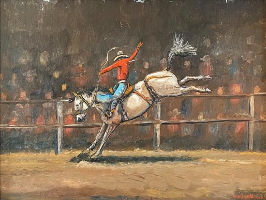 Painting of a man riding a bucking horse.
