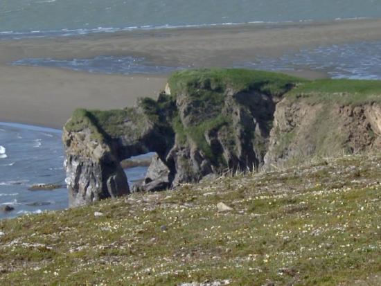 Grass covered rocky cliffs loom over waves crashing on a beach.  