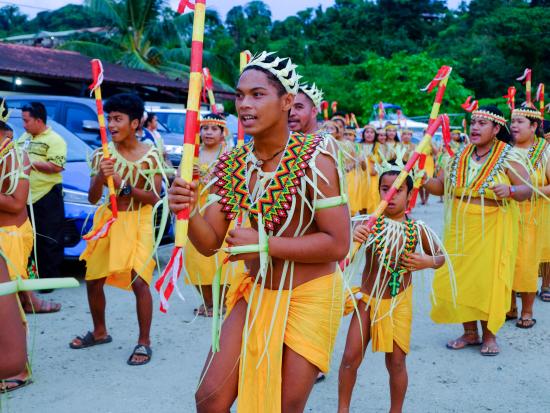 A group of indigenous people wearing colorful regalia.
