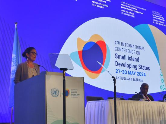Secretary Haaland standing behind podium with blue screen backdrop