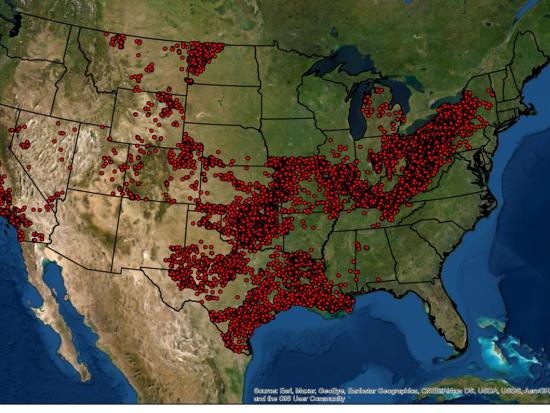 Map of United States showing orphaned wells with red dots