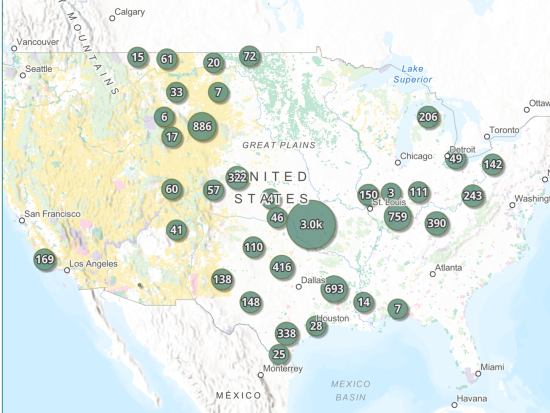 ArcGIS map of orphaned wells in the United States with green bubbles
