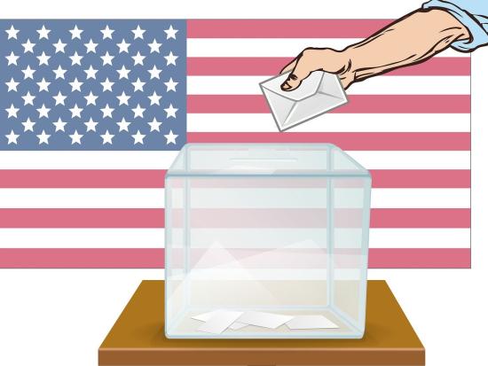 Animated hand and arm dropping ballot in box with American flag in back