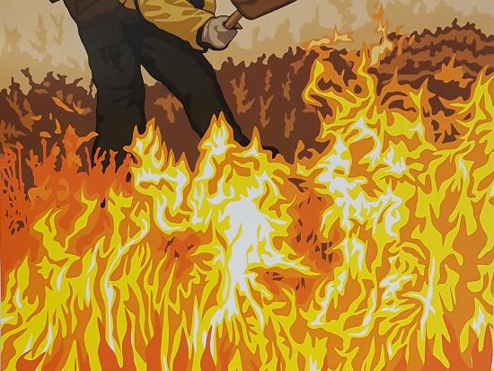 Bureau of Land Management mission-area poster entitled, "Fighting Wildland Fires" depicting a man in full gear battling a blaze on the ground.