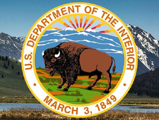 DOI Seal with Bison in the middle and mountain landscape in the background