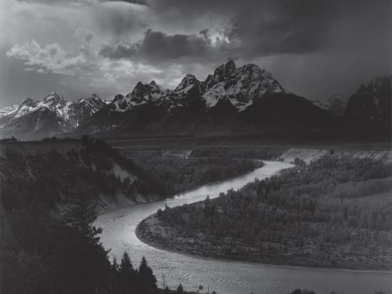 Black and white photograph by Ansel Adams of the Snake River 