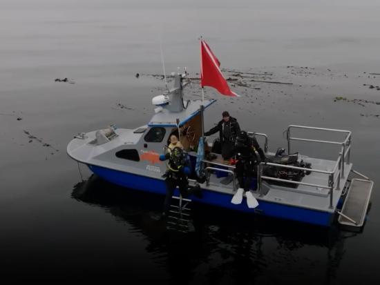 Divers on a blue boat with a red flag on top