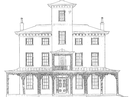 Architectural line drawing of the facade of the Kennedy Supplee mansion.