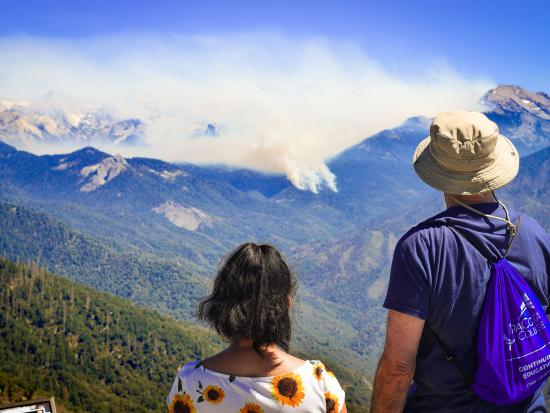 A man and a woman wearing light summertime clothes, the man with a light bag and sunhat, stand side by side with their backs to the camera. The corner of an interpretive display is just visible beside the woman. They look out at scenic forested hills and jagged rock edifices that rise to snow-capped peaks. On a distant hillside framed between them, three narrow plumes of smoke rise above the ridgeline and merge, blanketing much of the distant peaks.