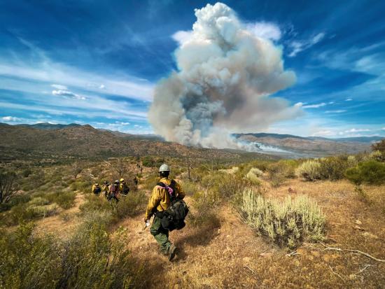 Six wildland firefighters high through a landscape of brown grasses and scattered dry shrubs toward a plume of smoke rising behind a low hill toward the blue sky and scattered white clouds.