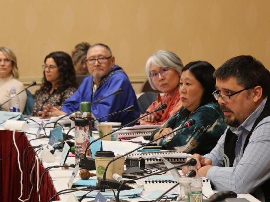 Six people sit at a meeting table; the man closest to the camera is speaking into a microphone