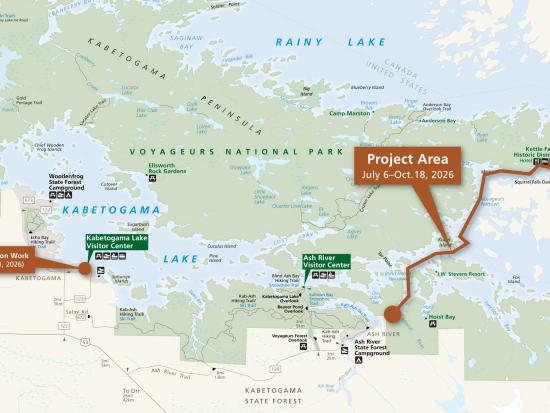 A park map highlighting the Kabetogama Lake Visitor Center boat launch which will be impacted July 8-11, 2026, and a line along the primary project area on Namakan Lake, which will have work from July 6 to Oct. 18, 2026.