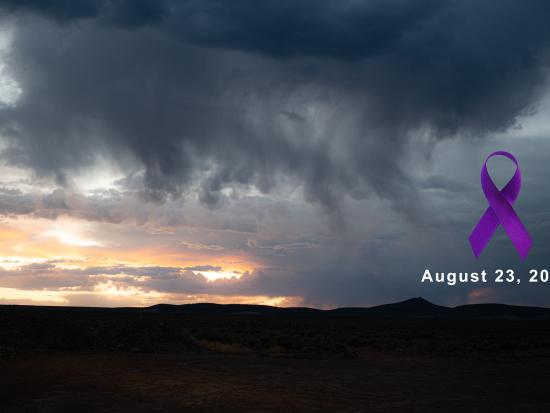 The setting sun turns the landscape into a black silhouette. The sky is scattered with dark clouds and rain, which thin around the setting sun. A purple ribbon is superimposed on the sky with the text "August 23, 2026"