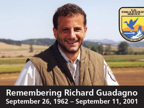 Photograph of U.S. Fish and Wildlife Service employee Richard Guadagno with the USFWS seal at right and his life dates below
