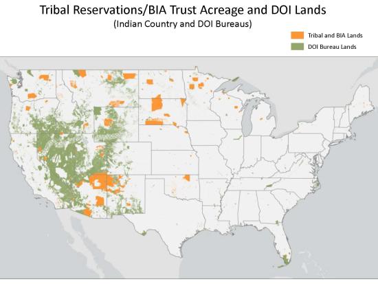 United States map representing the interconnectedness of Interior Department and Tribal lands. 