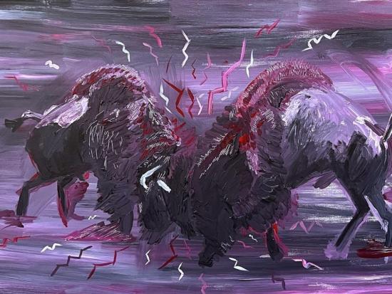 Painting of two bison fighting.