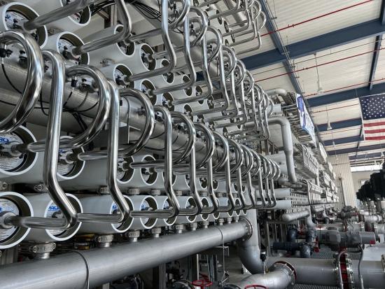Metal pipes inside of the El Paso Water Advanced Water Purification facility
