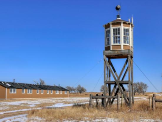 Wooden tower at the Amache National Historic Site.