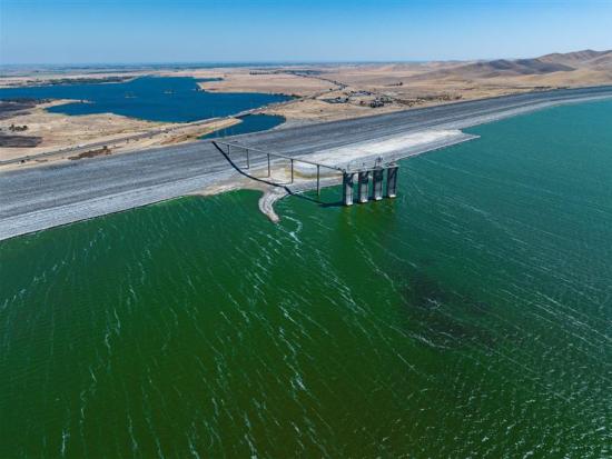 Greenish blue water in the San Luis Reservoir in California