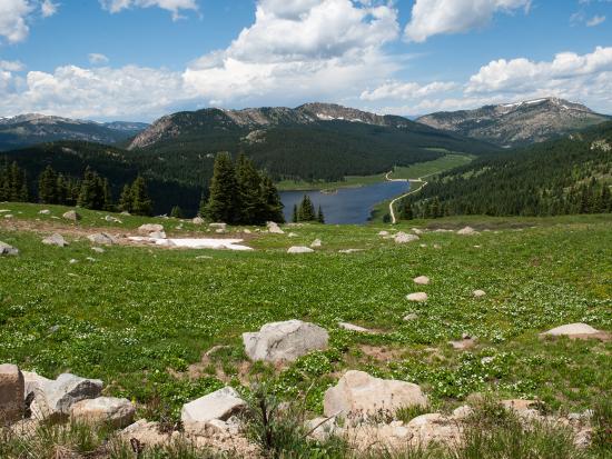 Grassy river valley with mountains in the distance