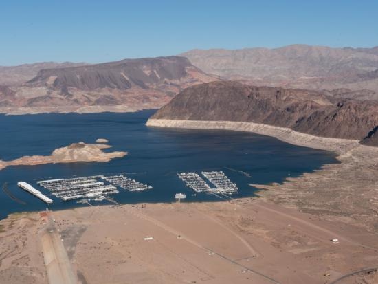 A view of the current water level at Lake Mead