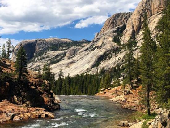 River running through mountain landscape. 