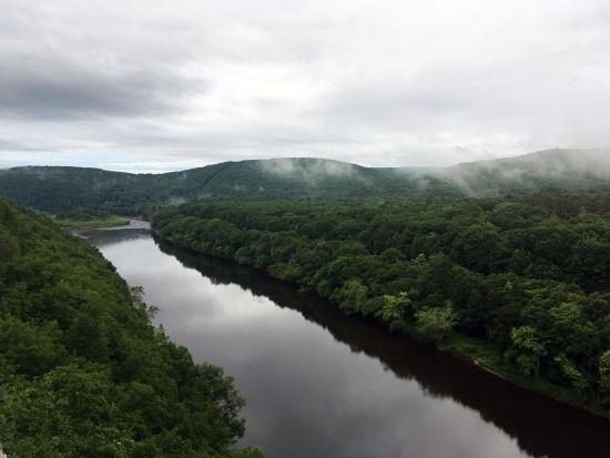 The upper Delaware River on a foggy day surrounded by green trees.