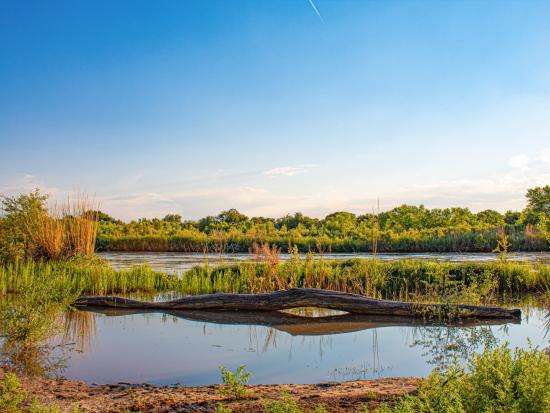 Clear blue water under a clear sky at Valle de Oro NWR.