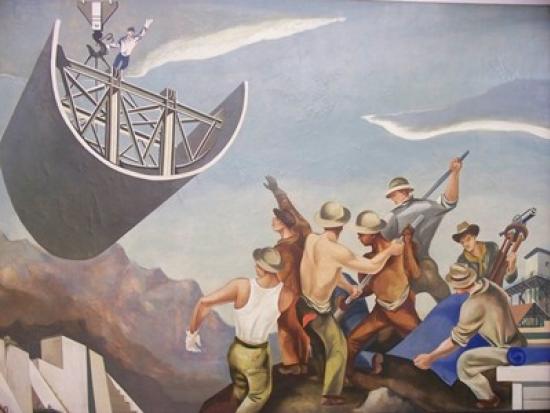 Section of painted mural showing workers lowering a large component of a dam into place