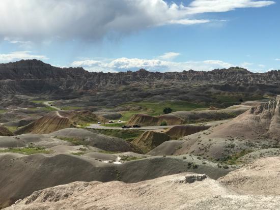 Road in the Badlands looping throughout the photo