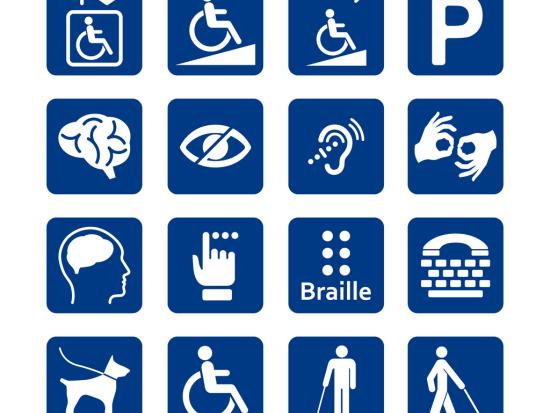 Blue Square Set Of Disability Icons. 
