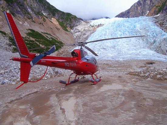 Helicopter landing on Alaska Glacier