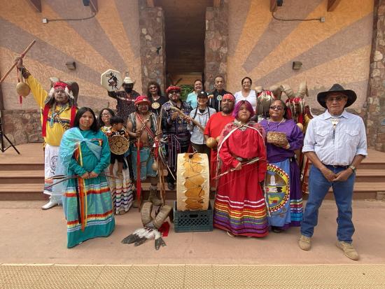 Group of Havasupai tribal members in both traditional regalia and modern clothing.