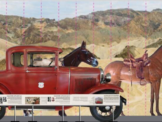 USGS red Model A, 1930, on exhibit with desert background and horses with saddles