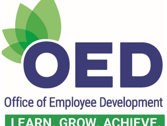 Office of Employee Development logo, with OED letters in blue, leaves coming from behind the O and LEARN.GROW.ACHEIVE. at the bottom of the image.