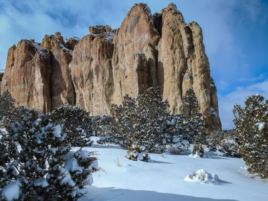 Towering cliff in a snowy area with trees