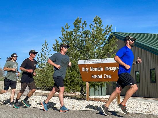 The Ruby Mountain Hotshots go on a training run. Photo by Jennifer Myslivy, BLM.