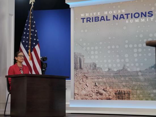 Secretary Haaland sits in front of a sign that reads "Tribal Nations Summit"