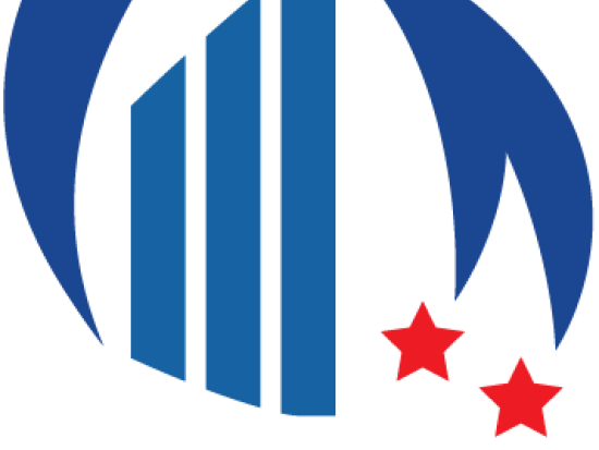 Image of the FCG logo with three blue columns and two side swoops of darker blue with three red stars at the end.
