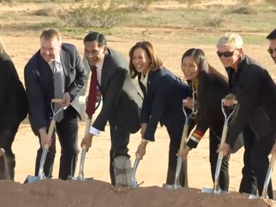 Secretary Haaland joins Vice President Harris and others as they pose with shovels at groundbreaking ceremony
