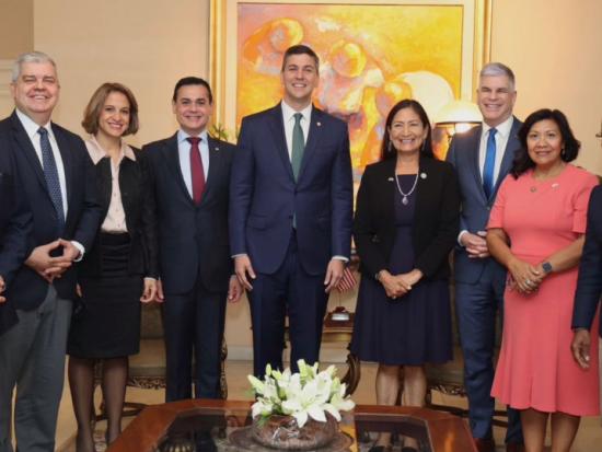 Secretary Haaland poses with Paraguayan President Santiago Peña and U.S. and Paraguayan dignitaries